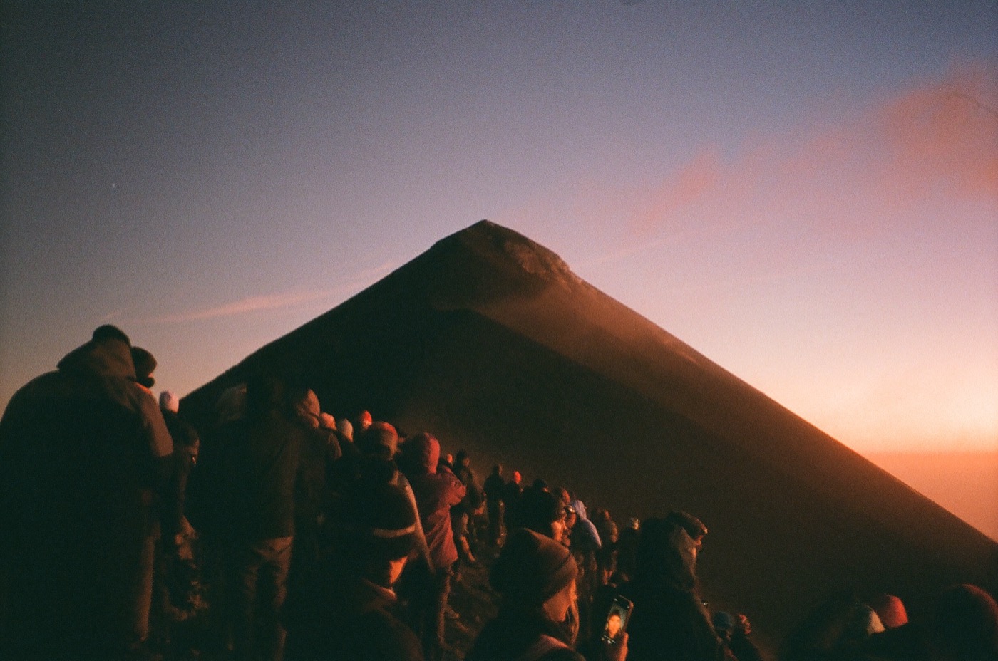 Film photograph of a volcano at sunset
