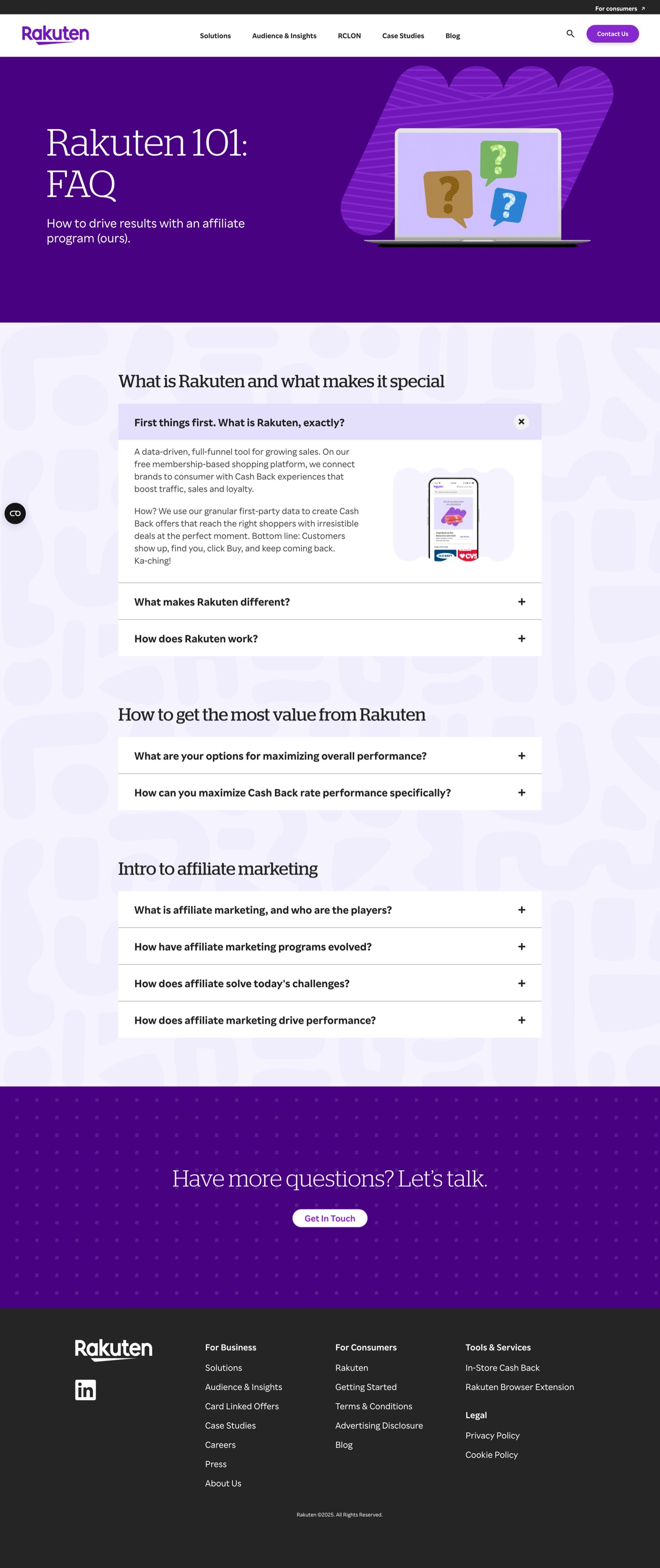 Rakuten Rewards FAQ resource hub, full page